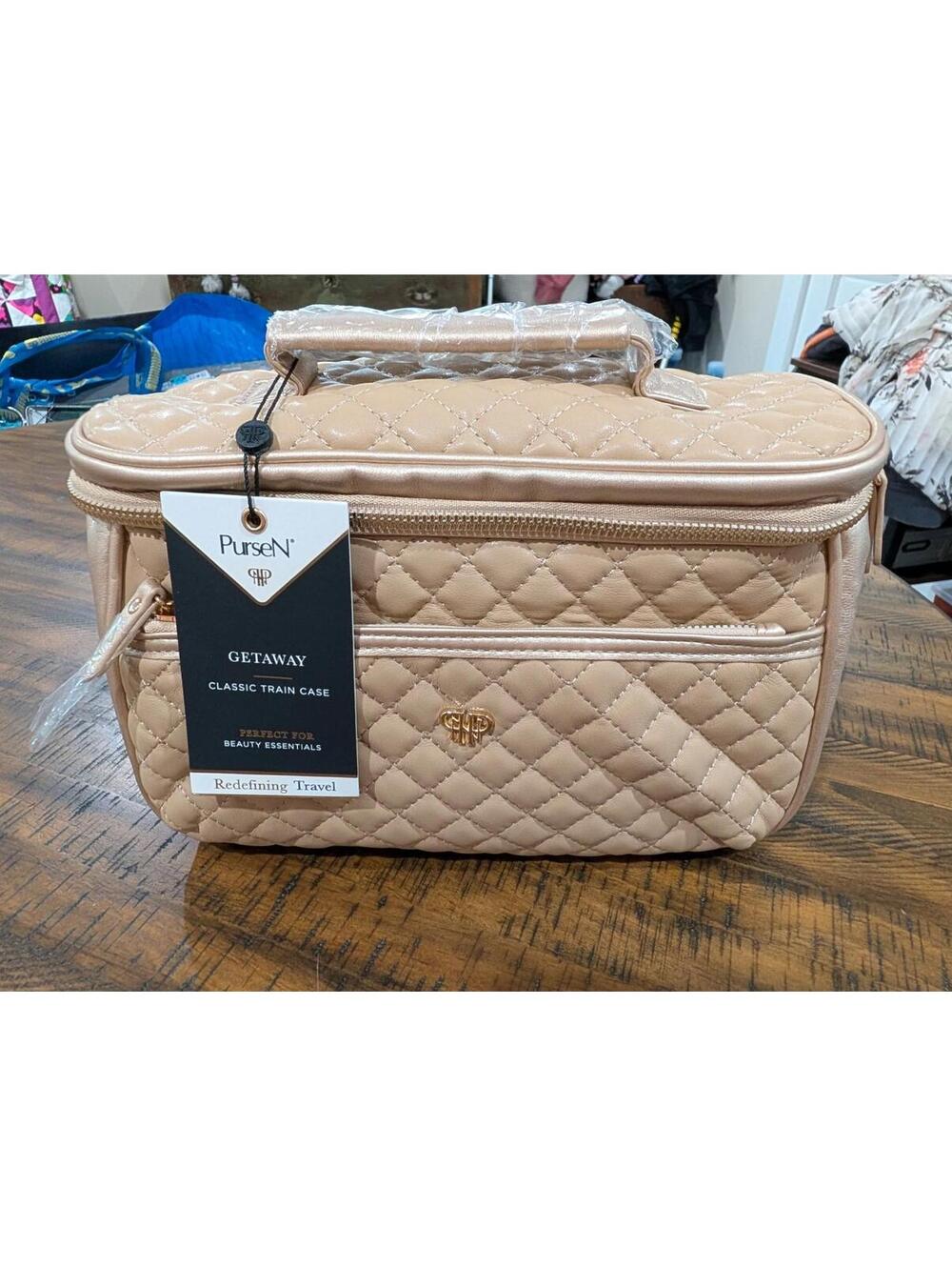 Pursen Getaway Classic Train Case Quilted Beige Handbag with Gold Emblem NWT
